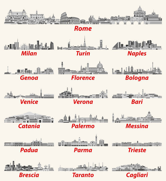 Итальянские города силуэты в черно-белом цвете. Векторная высокая детализация
