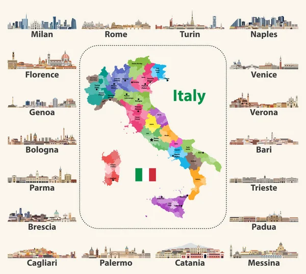 主要なイタリアの都市のスカイラインとイタリアの地図のベクトル図 — ストックベクタ
