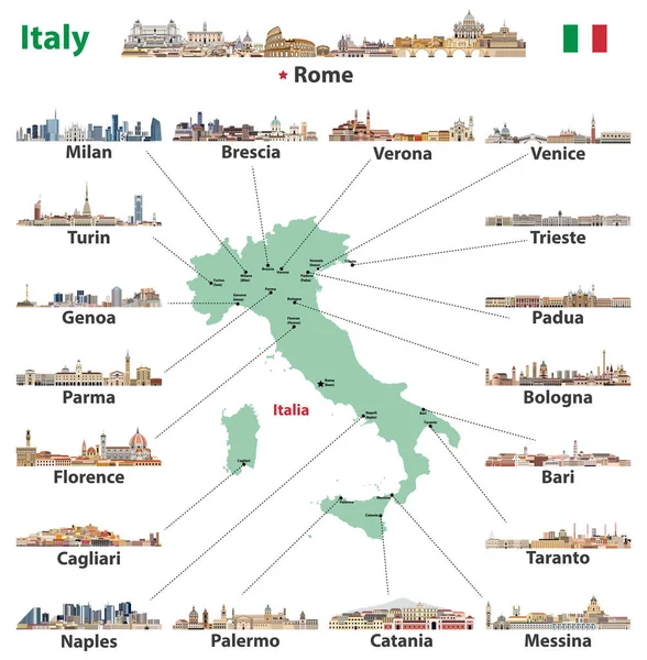 主要都市のスカイラインを持つイタリアの地図 ベクトルイラスト — ストックベクタ