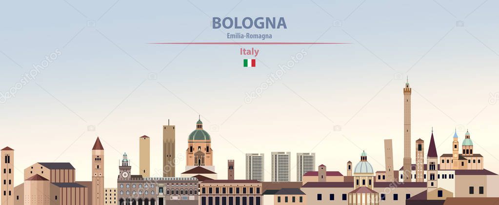 Vector illustration of Bologna city skyline on colorful gradient beautiful day sky background with flag of Italy