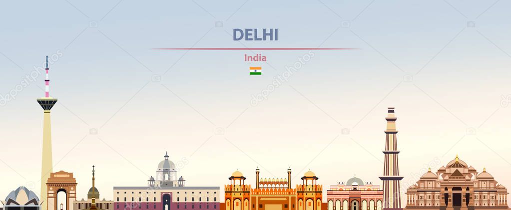 Vector illustration of Delhi city skyline on colorful gradient beautiful daytime background 