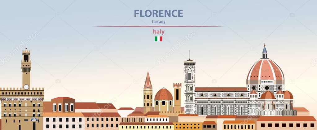 Vector illustration of Florence city skyline on colorful gradient beautiful day sky background with flag of Italy