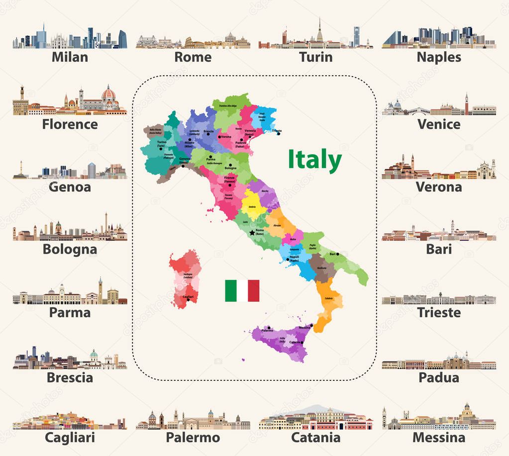vector illustration of Italy map with main italian cities skylines