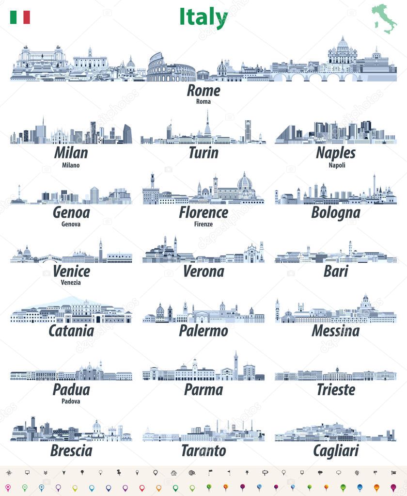 Italian cities skylines isolated high detailed icons in tints of blue color palette. Vector illustration