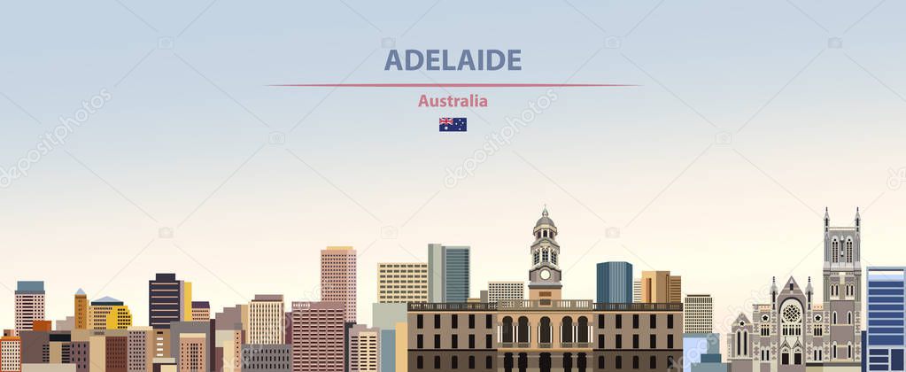Vector illustration of Adelaide city skyline on colorful gradient beautiful day sky background with flag of Australia