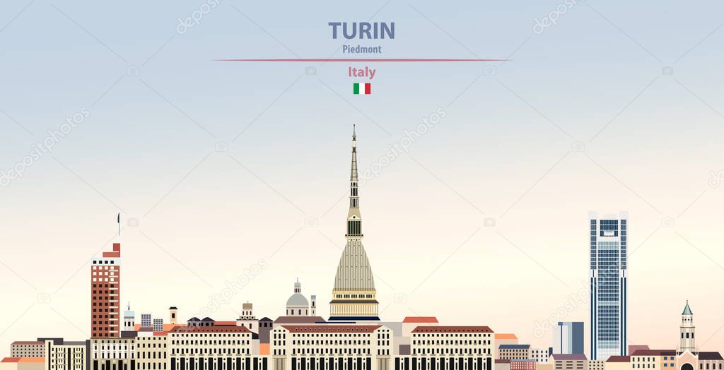 Vector illustration of Turin city skyline on colorful gradient beautiful day sky background with flag of Italy