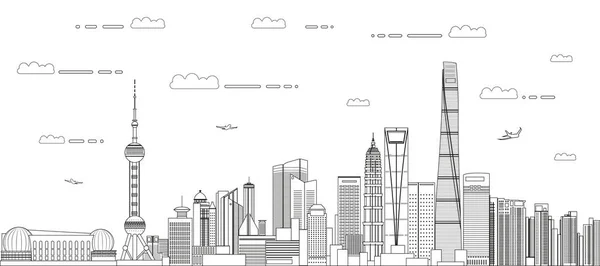 Shanghai Cityscape Line Art Style Vector Illustrazione Dettagliata Sfondo Viaggio — Vettoriale Stock