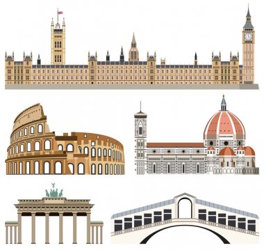simgelerin vektör koleksiyonu: Westminster Sarayı, Colisseum, Floransa Katedrali, Brandenburg Kapısı ve Rialto Köprüsü