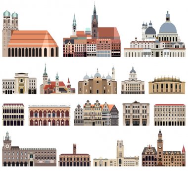 yüksek detaylı izole belediye binaları, yerler, katedraller, tapınaklar, kiliseler, saraylar ve diğer şehrin siluet elemanları vektör koleksiyonu