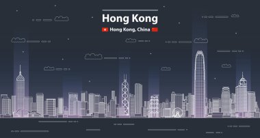 Hong Kong cityscape line sanat tarzı vektör ayrıntılı illüstrasyon. Seyahat arka planı
