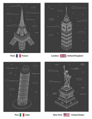 Dünyaca ünlü simgesel yapıların vektör çizgisi sanat stili illüstrasyonu: Eyfel Kulesi, Big Ben, Pisa Kulesi, Özgürlük Heykeli