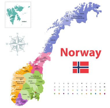 Norveç ilçeleri vektör haritası, bölgelere göre renkli