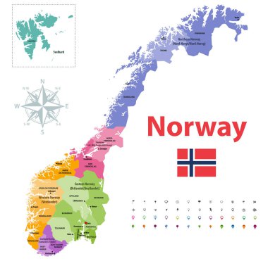 Norway counties vector map, colored by regions clipart
