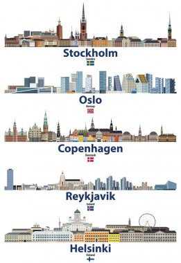 İsveç, Norveç, Danimarka, İzlanda ve Finlandiya bayrakları ile Stockholm, Oslo, Kopenhag, Reykjavik ve Helsinki şehirlerinin siluetlerinin vektör illüstrasyon
