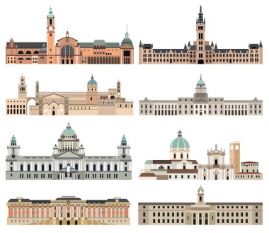 vektör koleksiyonu yüksek detaylı izole belediye binaları, yerler, katedraller, tapınaklar, kiliseler, saraylar ve diğer siluet mimari elemanları