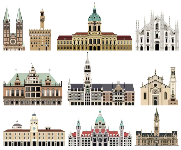 矢量收集高详细孤立的市政厅 大教堂 宫殿和其他城市的天际线建筑的埃莱门 — 图库矢量图片
