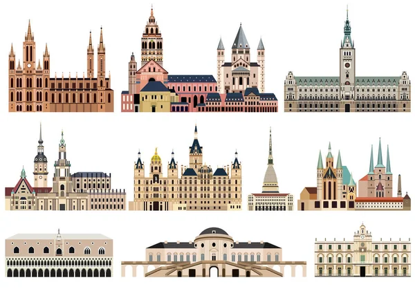 矢量收集高详细孤立的市政厅 大教堂 宫殿和其他城市的天际线建筑元素 — 图库矢量图片