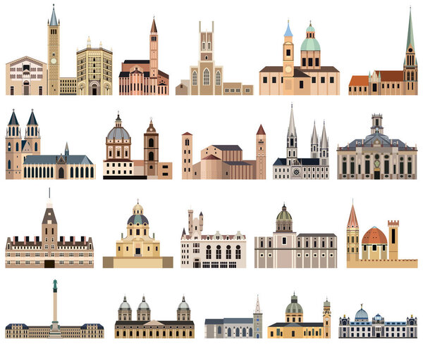 vector collection of high detailed isolated city halls, landmarks, cathedrals, temples, churches, palaces and other city's skyline architectural elements