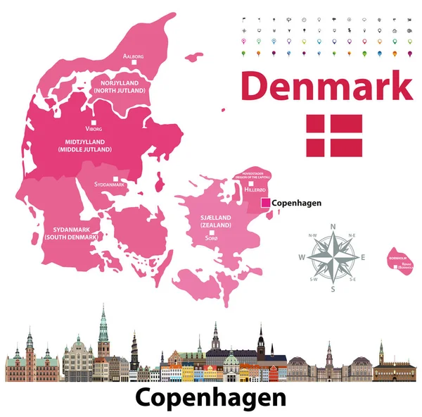 Dänemark Karte Und Flagge Mit Kopenhagener Stadtsilhouette Vektorillustration — Stockvektor
