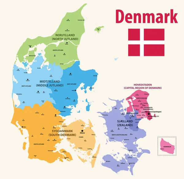 Векторна Карта Данії Області Кольоровими Регіонами Основними Містами Ньому — стоковий вектор
