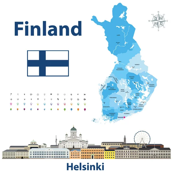 Vektorillustration Der Finnischen Landkarte Mit Namen Und Hauptstädten Darauf Stadtbild — Stockvektor