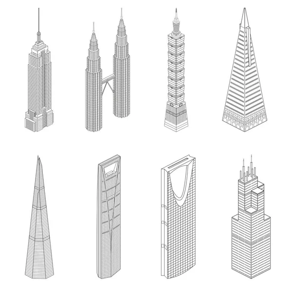 Vektor Berühmte Wolkenkratzer Isometrische Linie Kunst Ikonen — Stockvektor