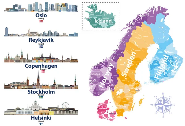 Los Países Escandinavos Mapa Con Las Capitales Skylines Iconos Ilustración — Vector de stock