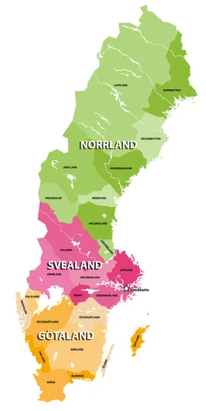 Ziemie Szwedzkich Map Wektorowych Trzy Tradycyjne Części Szwecji Składające Się — Wektor stockowy
