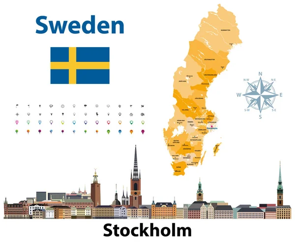 Vector Illustration Sweden Counties Map Stockholm City Skyline — Stock Vector