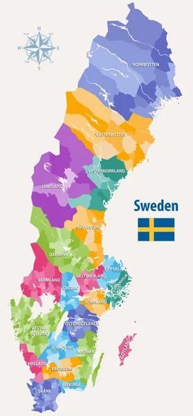 Vektorkarte Schwedischer Gemeinden Nach Landkreisen — Stockvektor