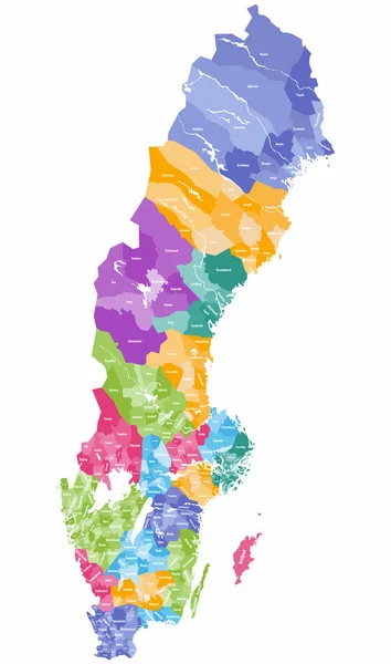 Wektorowa Kolorowa Mapa Gmin Szwecji Zabarwione Przez Powiaty — Wektor stockowy