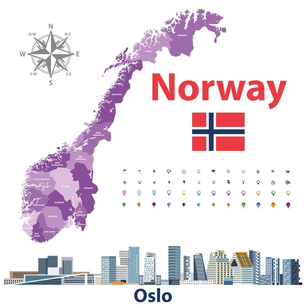 Норвегія Адміністративний Поділ Карта Міський Пейзаж Осло Піктограми Розташування Навігації — стоковий вектор