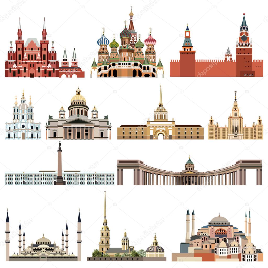 vector collection high detailed isolated city halls, landmarks, cathedrals, temples, churches, palaces and other skyline architectural elements