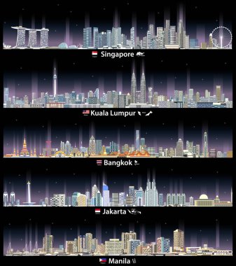 Geceleri Singapur, Kuala Lumpur, Bangkok, Jakarta ve Manila şehirlerinin vektör çizimi