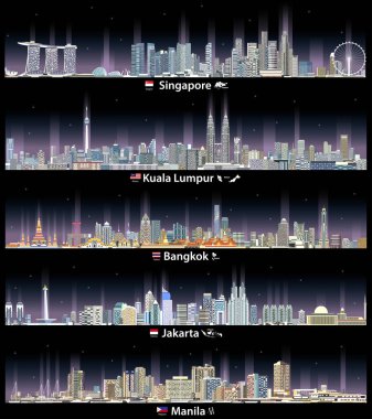 Geceleri Singapur, Kuala Lumpur, Bangkok, Jakarta ve Manila şehirlerinin vektör çizimi