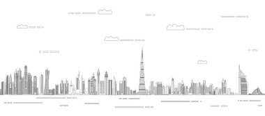 Dubai ityscape çizgisi sanat stili vektörü ayrıntılı illüstrasyon. Seyahat arkaplanı