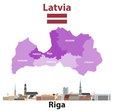 Riga şehrinin ufuk çizgisine sahip Letonya bölgelerinin vektör haritası