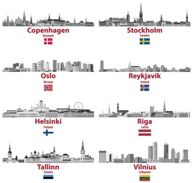 Baltık ve İskandinav ülkelerinin şehirlerinin vektör kümeleri: Kopenhag, Stockholm, Oslo, Reykjavik, Helsinki, Riga, Tallinn, Vilnius. 