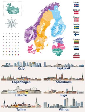Bayraklı ve şehirli İskandinav ve Baltık ülkeleri haritası: Kopenhag, Stockholm, Oslo, Reykjavik, Helsinki, Riga, Tallinn, Vilnius. 