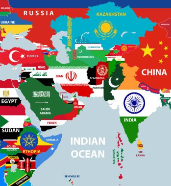 Batı Asya, Doğu Avrupa, Arap ve Kuzey Afrika ülkelerinin ulusal bayraklarıyla karıştığı dünya haritasının vektör bölümü