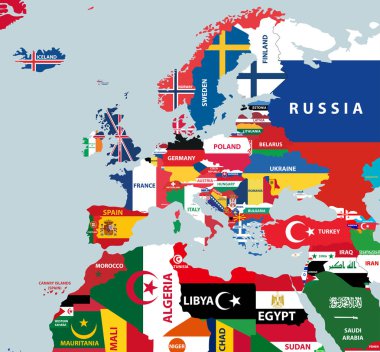 Avrupa ve Kuzey Afrika ülkelerinin ulusal bayraklarıyla karıştığı dünya haritasının vektör bölümü