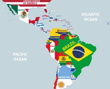 Latin Amerika ülkelerinin bayraklarıyla karışmış bölgesiyle birlikte dünya haritasının vektör bölümü