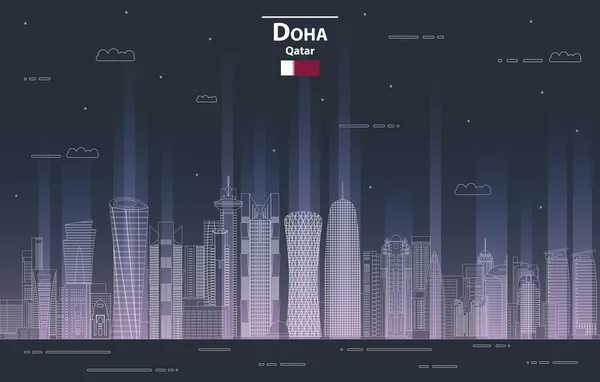Doha Cityscape Estilo Arte Linha Noturna Ilustração Vetorial Detalhada — Vetor de Stock