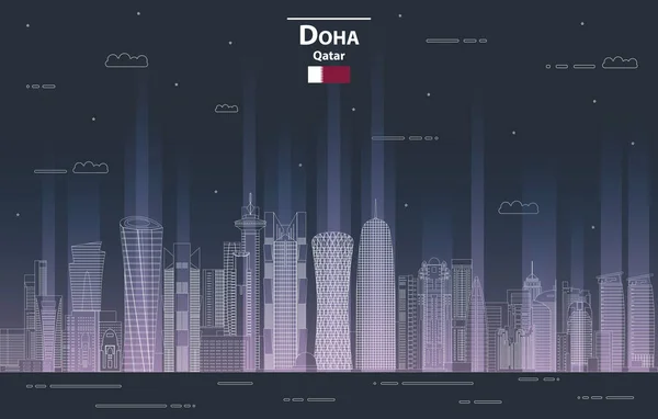 ドーハの夜景ラインアートスタイルの詳細ベクトルイラスト — ストックベクタ