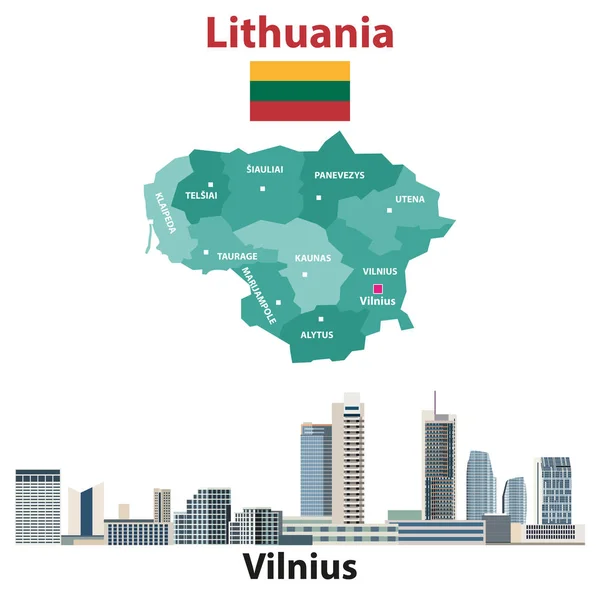 Litvanya Bölgelerinin Haritası Bayrağı Vilnius Şehrinin Silueti Vektör Illüstrasyonu — Stok Vektör