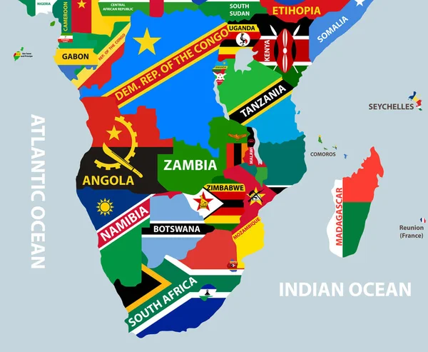 南アフリカ共和国の地域と国旗が混在した世界地図のベクトル部分です — ストックベクタ