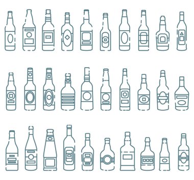 Alkolik içki şişelerinin renkli ikonları. Vektör izole edilmiş taslak çizimleri