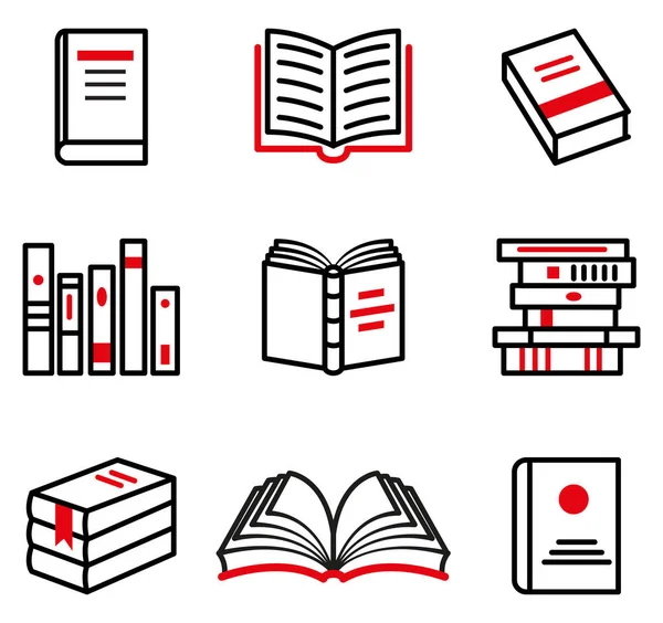 Bbooks Icons Vector Set Outline Isolated Illustrations Red Elements — Stock Vector