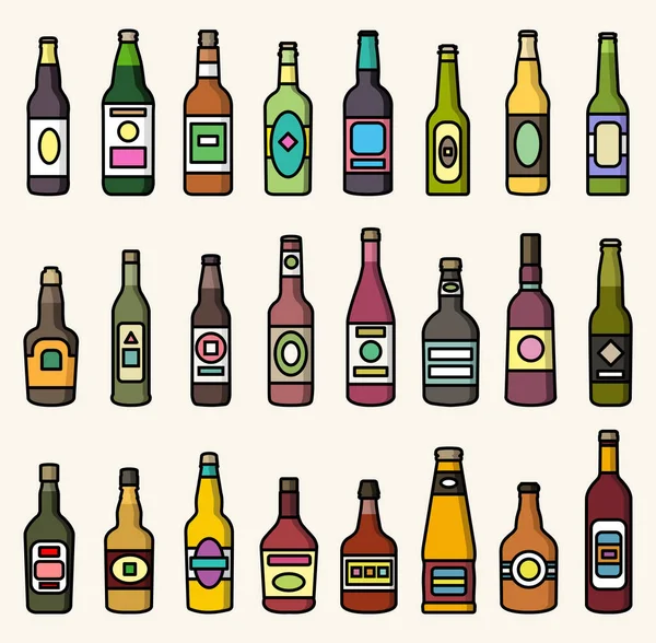Sada Barevných Ikon Lahví Alkoholických Nápojů Vektorové Izolované Ilustrace Plochém — Stockový vektor