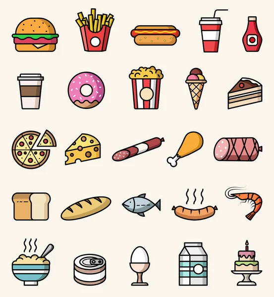 Iconos Comida Vectorial Conjunto Ilustraciones Estilo Plano Colorido Aislado — Vector de stock